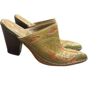 Frye Phoenix Mule Green Tan Leather Cutout Slip On Western Heel Boho Cowgirl 7.5